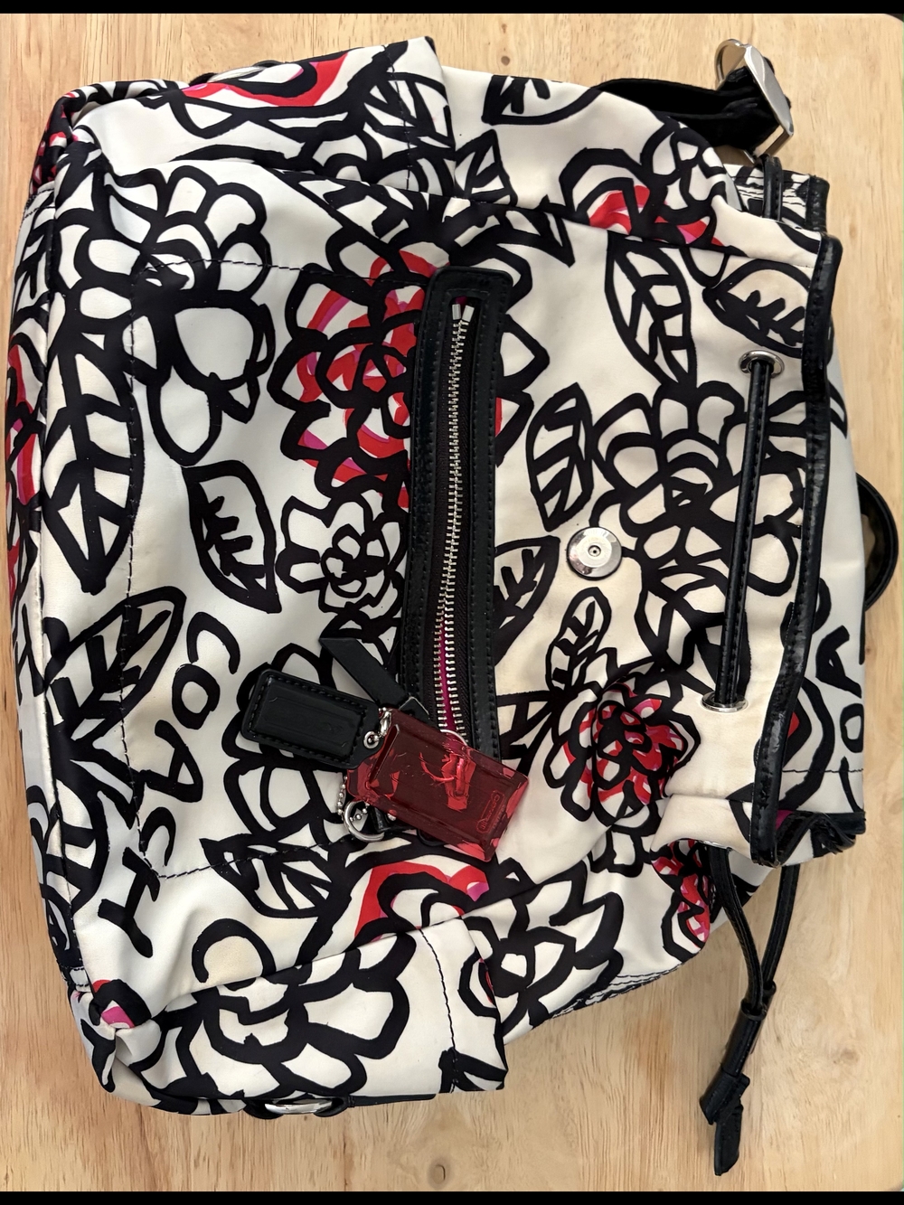 Coach White Black Red Floral Drawstring Backpack with Front Zip